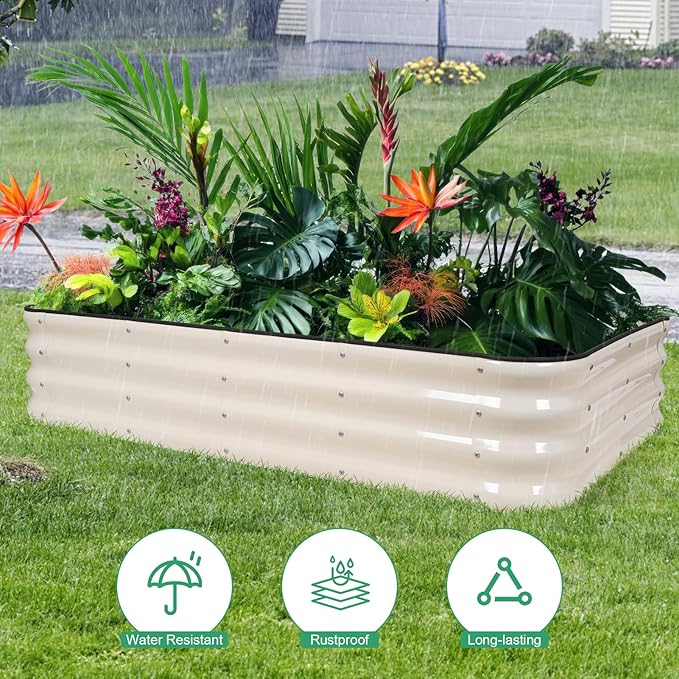 1MORE Raised Garden Bed -5X3X1 Galvanized Planter Box for Outdoor Gardening,4 in 1 Modular Raised Bed Kit with Protective Tape, Gloves for Herb，Ideal for Vegetables and Plants.White-2Pcak