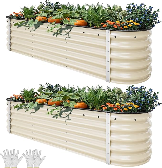 YITAHOME 17" Tall 6 in 1 Large Raised Garden Bed Kit, 6.5x2x1.4ft Galvanized Metal Planter Box with Gloves & Safety Rubber, Outdoor Above Ground Planters for Plants Vegetables Flowers, Cream Yellow