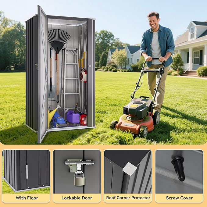 Greesum Outdoor Metal Storage Cabinet, 55'' Lockable Tall Shed, Vertical Tool Organizer Without Shelves for Garage, Patio, Backyard, Home & Lawn, Black
