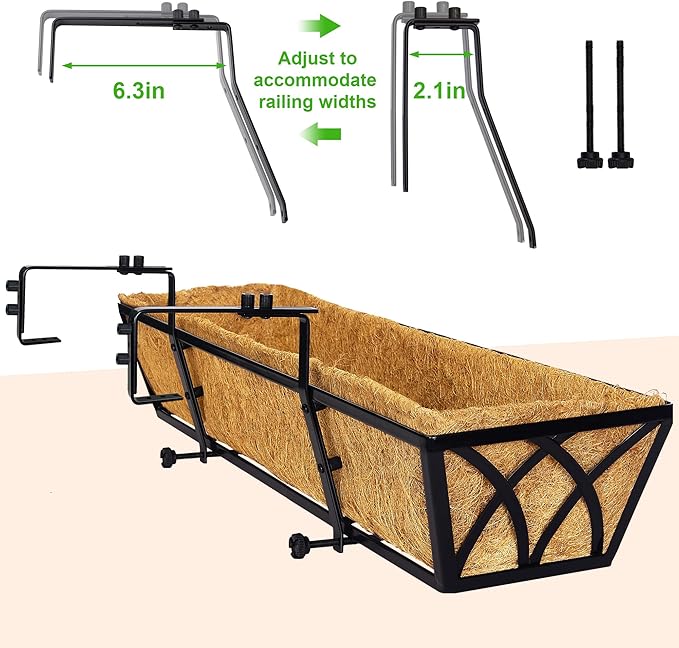 Y&M Planter, 24in Metal Box with Coco Liner, Indoor Outdoor Window/Railing Planter, 2pcs, Black