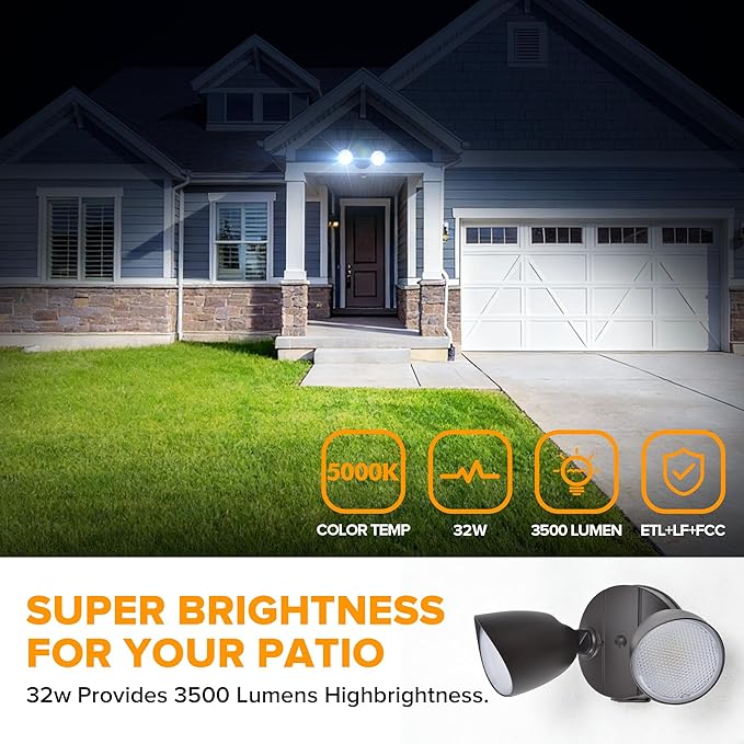 LUTEC 3500 Lumen 32 Watt 28 LED Dual-Head Floodlight Outdoor, Full Metal Design, Waterproof Exterior Security Wall Light for Patio, Garden, Yard-Brown