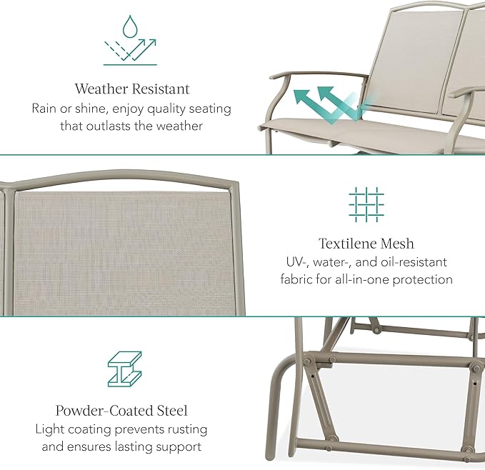 Best Choice Products 2-Person Outdoor Patio Swing Glider Steel Bench Loveseat Rocker for Deck, Porch w/Textilene Fabric, Steel Frame - Taupe