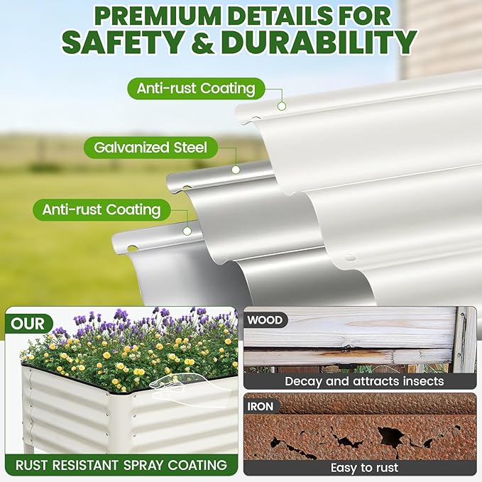 Elevated Raised Garden Bed 2' x 4'- Galvanized Metal Planter Boxes with Legs & Storage Rack, Outdoor Planters for Backyard/Patio/Balcony, with Drainage Holes for Vegetables, Flowers, Herbs, White