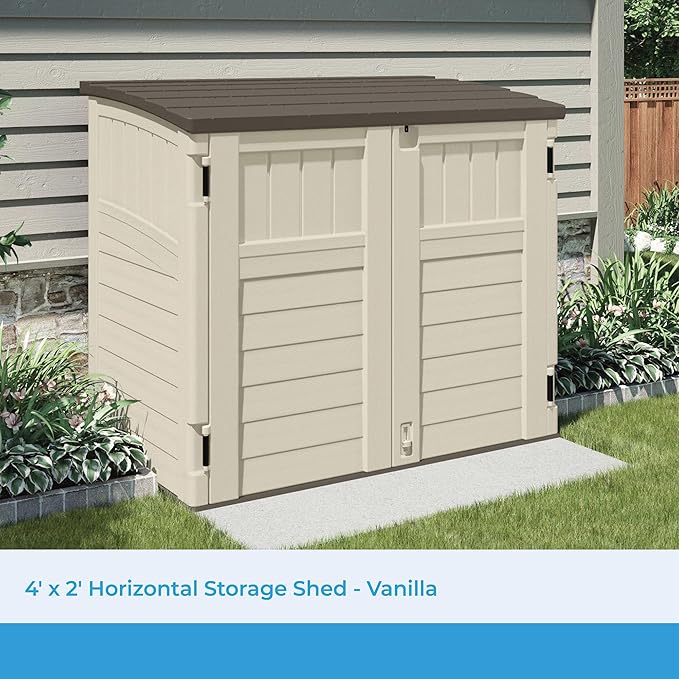 Suncast 34 Cu Ft Horizontal Resin Plastic Storage Shed - Outdoor Storage Shed with Floor Included, Lockable, Weatherproof, Fits Small to Medium Trash Cans, Generators, & Garden Tools, Vanilla Stoney