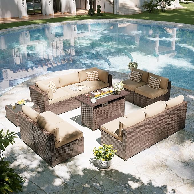 Aoxun Patio Furniture Set with Fire Pit Table, 12 Piece Outdoor Sectional Sofas, 10 Seats Wicker Outdoor Furniture with Thickened Cushion for Backyard, Garden (Brown Rattan Begin Cushions)