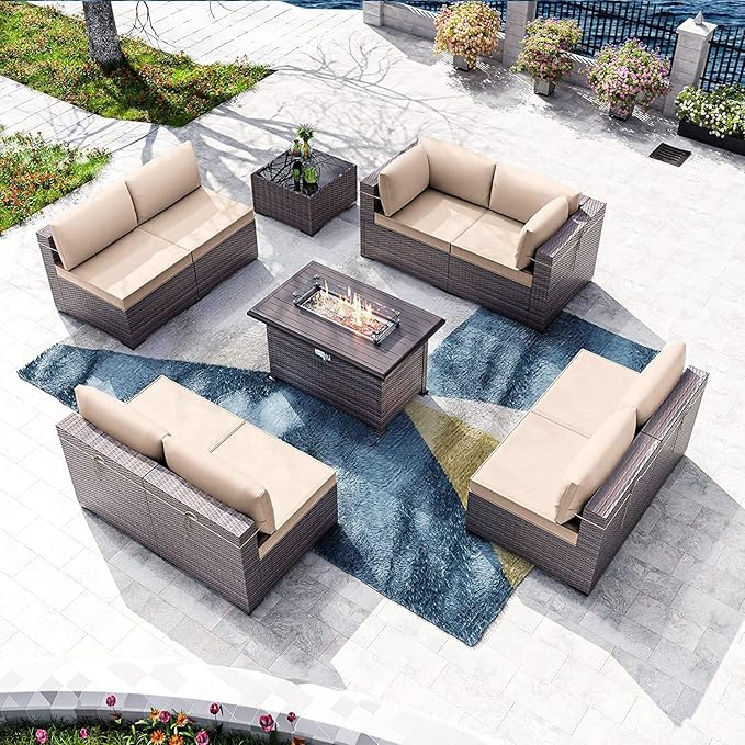 Kullavik 10 Pieces Outdoor Patio Furniture Set with 43" 55000BTU Gas Propane Fire Pit Table PE Wicker Rattan Sectional Sofa Patio Conversation Sets,Khaki
