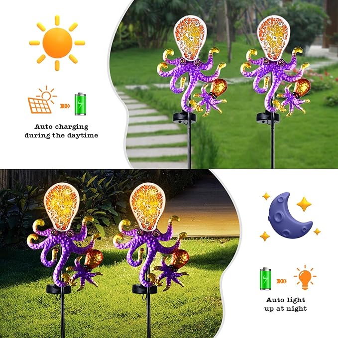 Yiosax-Solar Outdoor Lights Decorative-Yard Outdoor Decorative - Garden Stakes Octopus Decorative Waterproof 7 LED Light Decor Ocean Beach Theme for Lawn Path Yard Decoration Gift Idea