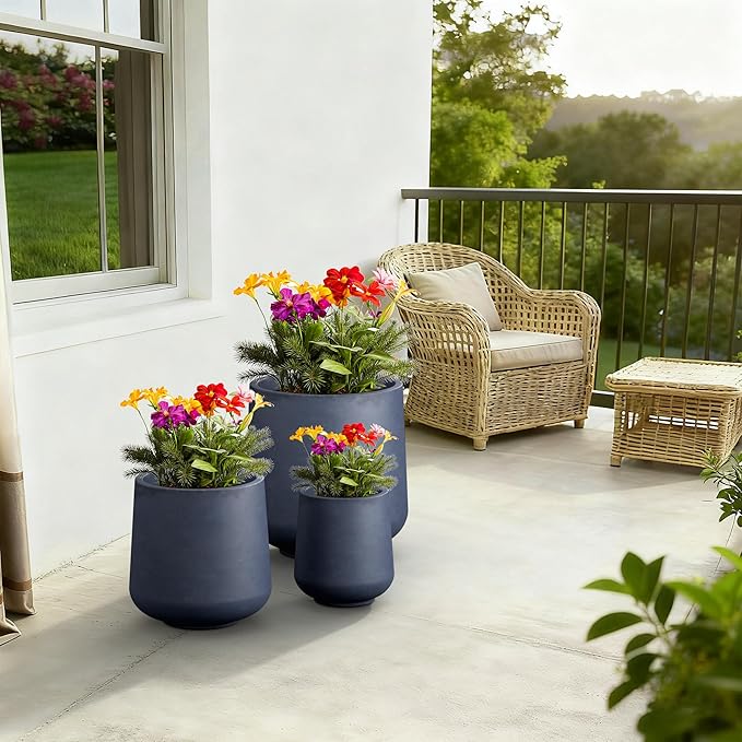 Kante 15.3"+11.6"+8.2" Dia Round Concrete Planter, Large Outdoor Indoor Planter Pots Containers with Drainage Holes and Rubber Plug for Home Garden Patio, Charcoal
