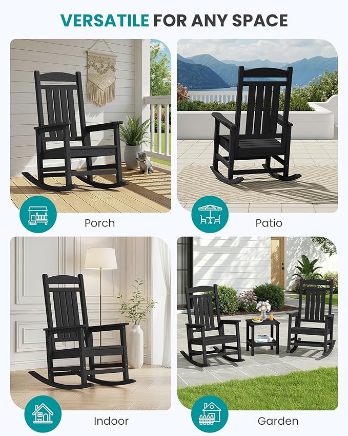 SERWALL HDPE Outdoor Rocking Chair Set of 4, Patio Rocking Chairs, All-Weather Porch Rockers for Adults, Black