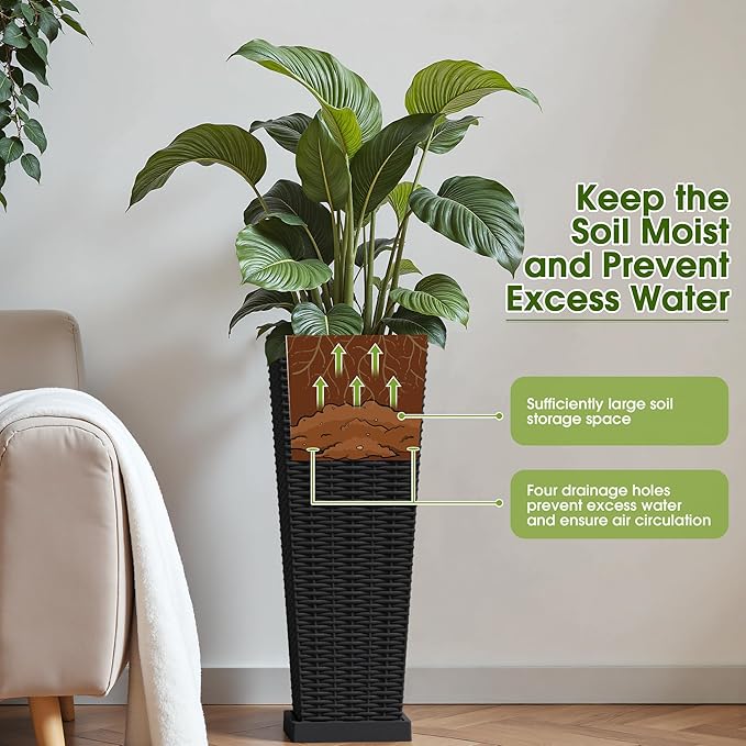 Devoko Resin Tall Planters with Tray for Outdoor Plants Set of 2, Large Taper Outdoor Planter Pots with 4 Drainage Holes, Flower Pots Modern Decor for Porch, Patio, Backyard, Garden(Black, 24")