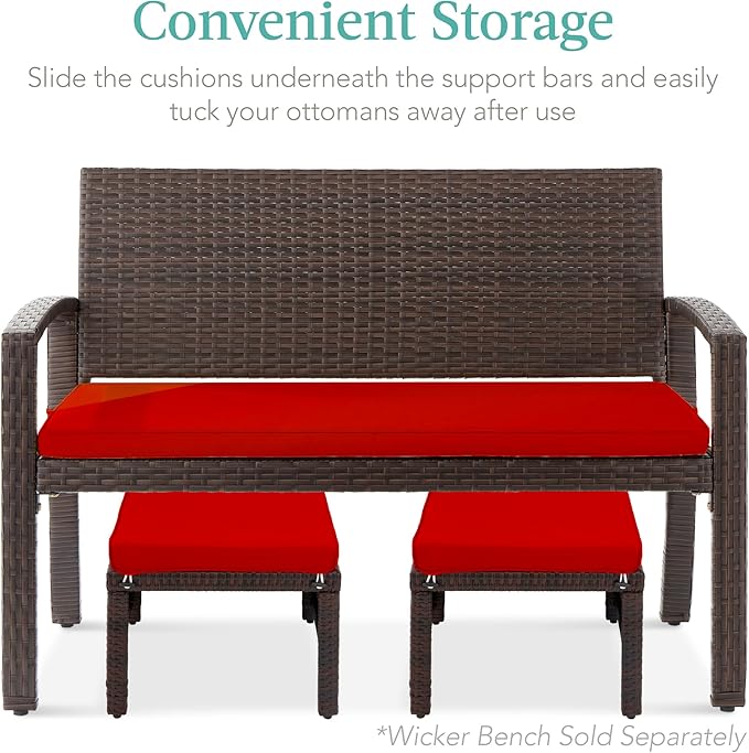 Best Choice Products Set of 2 Wicker Ottomans, Multipurpose Outdoor Furniture for Patio, Backyard, Additional Seating, Footrest, Side Table w/Removable Cushions, Steel Frame - Brown/Red