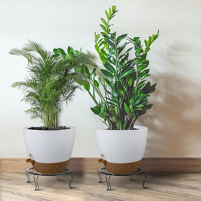 12inch 2Pack Large Self Watering Planters, Plastic Plant Pots with 60oZ Removable Deep Reservoir and Multi Mesh Drainage Holes for Indoor Outdoor Garden Plants and Flowers, White with Brown