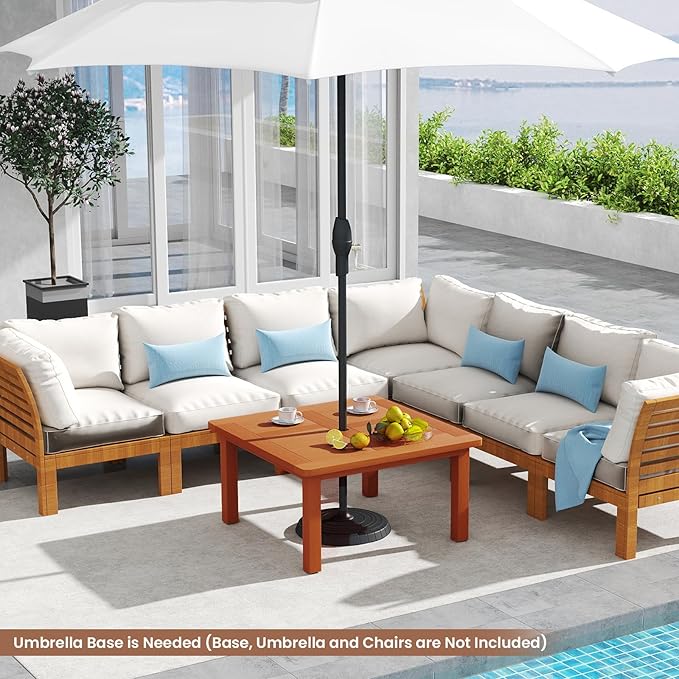 Tangkula Patio Coffee Table with Umbrella Hole, 35.5 Inches Outdoor Solid Square Wood Side Table with Slatted Tabletop & Teak Oil Finish, for Yard, Balcony, Deck