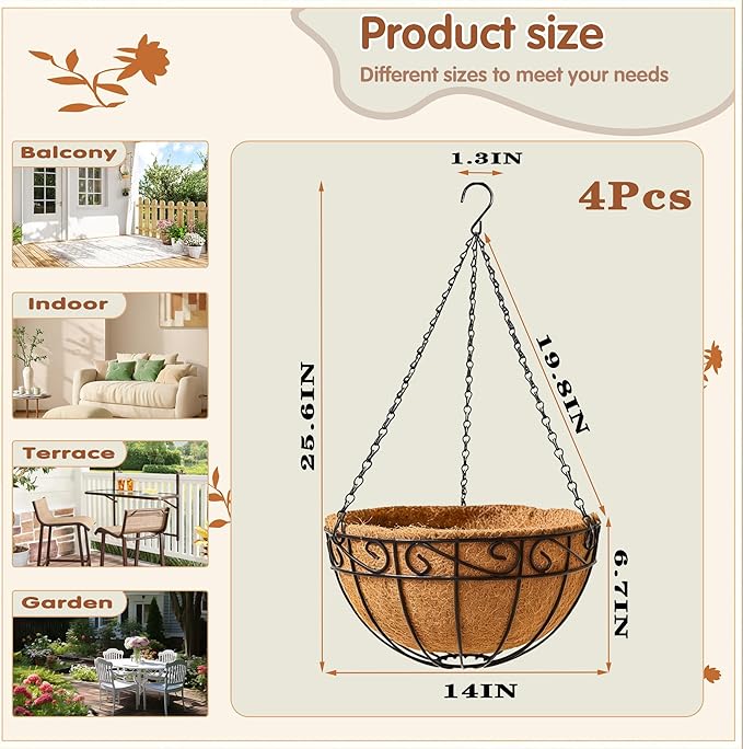14 inch Metal Hanging Baskets For Plants Outdoor 4 Pack Round Metal Wire Hanging Basket Planter with Coco Fiber Liners Chain Round Wire Plant Holder for Garden, Patio, Deck, Porch Plants Flower Potss