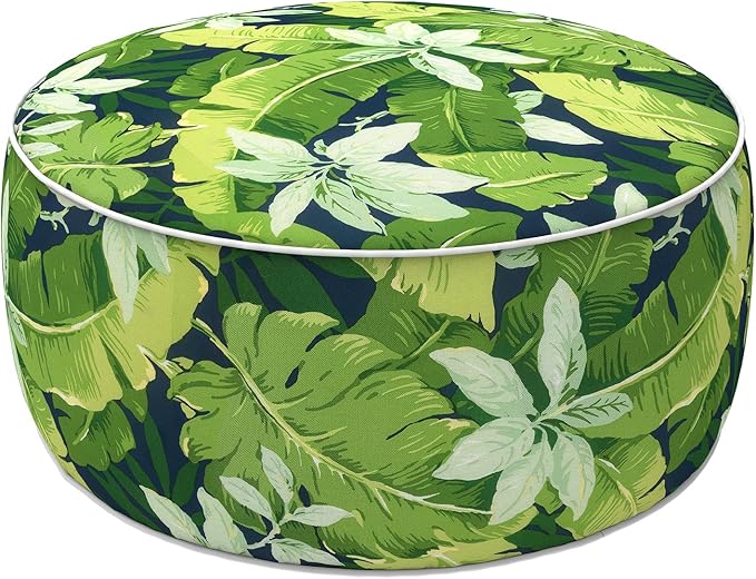 LVTXIII Indoor/Outdoor Inflatable Ottoman with Handle D21 x H9 Inch, Weather-Resistant Round Footstool Pouf for Patio Camping Living Room, Portable Footrest Extra Seating, Jungle Leaves
