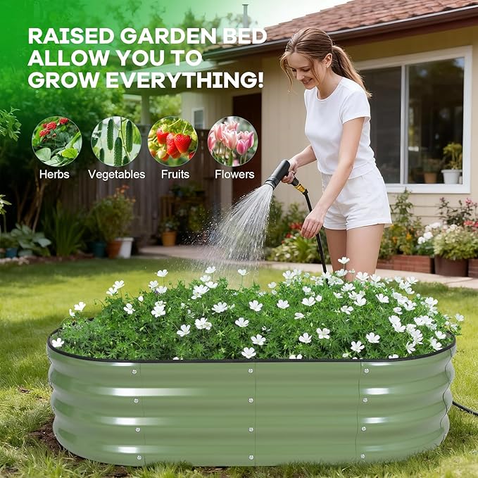Galvanized Raised Garden Bed Outdoor, 4x2x1ft Oval Metal Raised Beds for Gardening, Rust-Resistant Garden Planter Box with Tools for Planting Vegetables, Flowers, Fruits in Lawn (Olive Green)