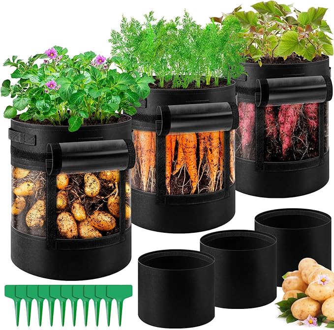 3 Pack 15 Gallon 360° Visibility Potato Grow Bags with Shading Flap, Plant Grow Bags for Growing Potatoes Heavy Duty Thickened Nonwoven Fabric Gardening Vegetable Growing Bags with Harvest Window