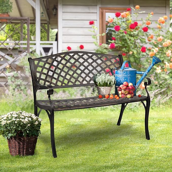 VINGLI 40.5" Patio Garden Bench,Anti- Rust Cast Iron Cast Aluminum Frame for Outdoor Path Yard Lawn Work Entryway Decor Deck (Brown)