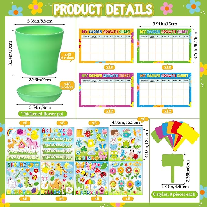 Capoda 48 Sets Garden Flower Pots Crafts Kit DIY Spring Plastic Seedling Nursery Pots with Stickers Plant Labels Growth Charts Planting Growing Tools Classroom Activities Project Gifts (Colorful)