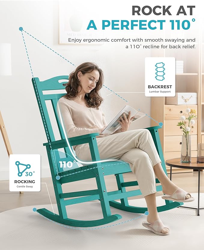 Ciokea Oversized Outdoor Rocking Chair, 380lbs Heavy-Duty Large Patio Rocker, Weather Resistant & Anti-Fade Porch Chair, High Back Cozy Rocking Chair for Outside, Fire Pit, Deck, Garden, Aruba Blue