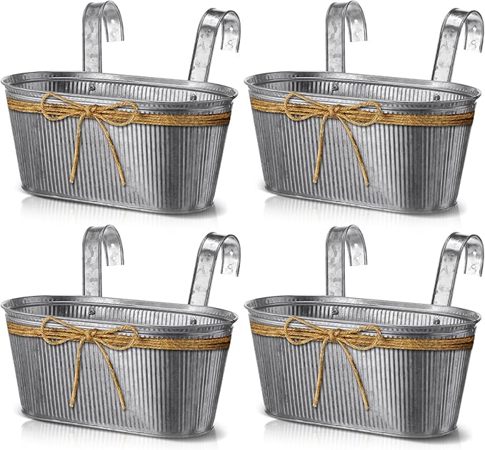 Hicarer 4 Pcs Metal Hanging Flower Pots, 10.6 Inch Vertical Grained Metal Color Outdoor Hanging Planters Window Plant Holder with Detachable Hooks for Railing Fence Balcony Garden Yard