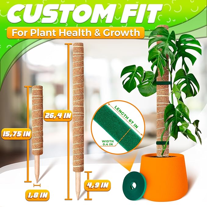 Moss Pole 26.4" Small Monstera Plant Support 2 Pcs Set - Pothos Plant Climber Support with Connectable Design and Fixation Strip - Coconut Fiber Moss Poles for Monstera, Money Plants, Philodendron