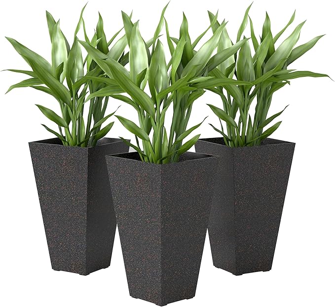 Outsunny 28 Inch Tall Planters for Outdoor Plants, Set of 3 Plastic Flower Pots with Marble Finish and Drainage Holes, Stackable Tapered Large Planters for Indoor Plants, Front Porch Decor, Brown