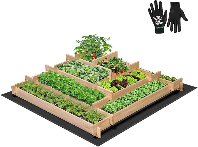 VIVOSUN 5-Tier Wooden Raised Garden Bed, 42 x 42 x 14 Inches, Outdoor Wood Planter Box with Gloves and Liner for Garden, Patio, Balcony, Backyard and Outdoors