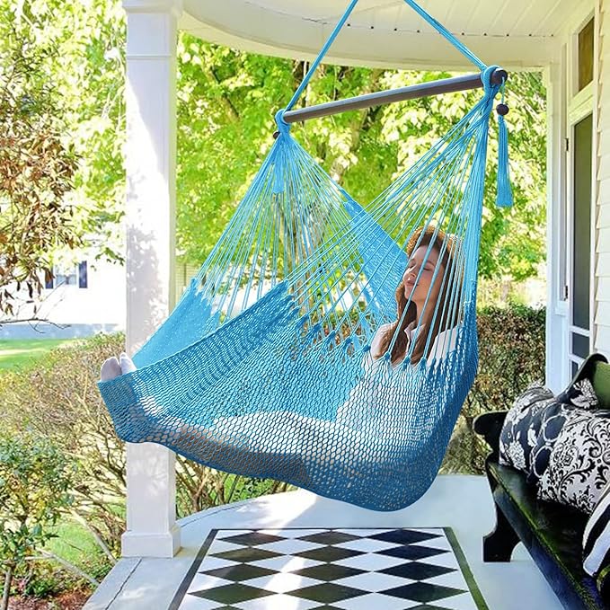 Caribbean Hammock Swing Chair with Spreader Bar, Large Hammock Chair, Hand Craft Rope Hanging Chair Outdoor, Indoor, Bedroom, 330 LBS Weight Capacity, Blue