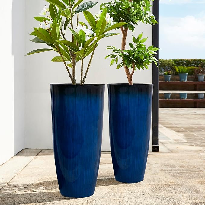 Glitzhome 30" H Tall Planters for Outdoor Plants, Set of 2 Plastic Large Outdoor Planters with Gradient Cobalt Blue Faux Ceramic Finish,Large Flower Pots with Drainage Holes for Front Porch Indoor