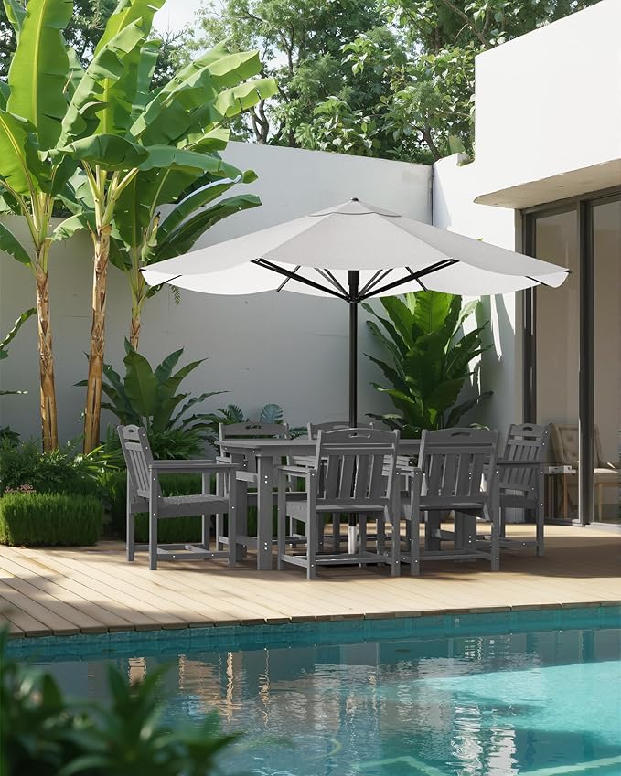 Outdoor Rectangle Dining Table, Heavy-Duty HDPE Table for 6, Weatherproof Patio Table with Umbrella Hole, Rounded Corners for Safety, Grey