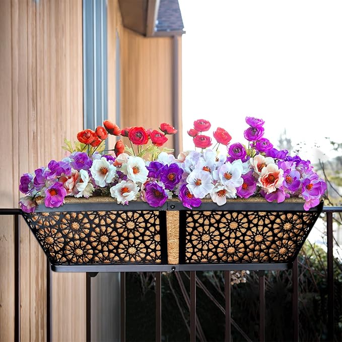 ZeeDix Railing Planter Boxes, 24 Inch Window Flower Box Planters with Coco Liner & Adjustable Brackets for Deck Porch Fence Patio Balcony Gardening Outdoor Plants (2 Pack)