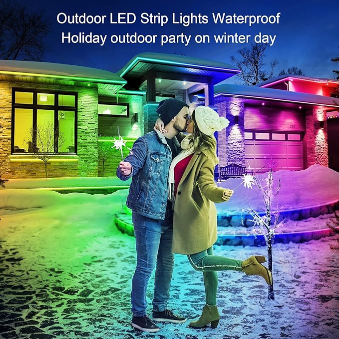 Outdoor LED Strip Lights Waterproof,IP68 Outside Led Light Strips Waterproof with Bluetooth App Remote Control,Music Sync RGB Exterior Led Rope Lights,for Balcony,Deck,Roof,Garden,Pool (200FT Outdoor)