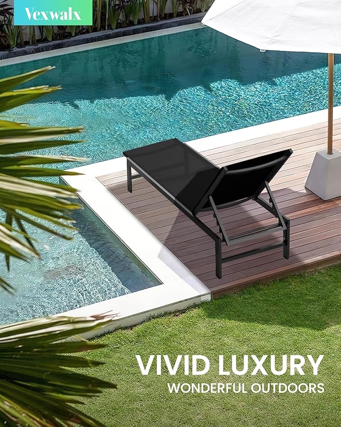 Outdoor Lounge Chairs Set of 3, Aluminum Chaise Lounge Chairs with 5-Position Recliner, Patio Lounge Chair for Backyard, Poolside, Deck, Lawn (Black)