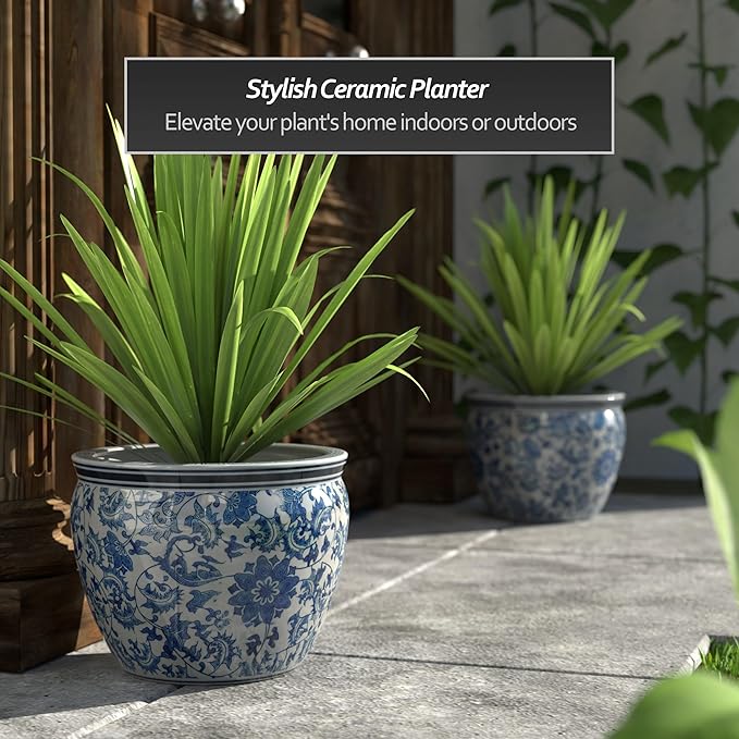 Red Lantern 14" Floral Blue & White Porcelain Fishbowl Planter or Cachepot for Indoor/Outdoor Use in Garden Entryway Living Room Boho Eclectic Modern Contemporary Classic Traditional Style Decor