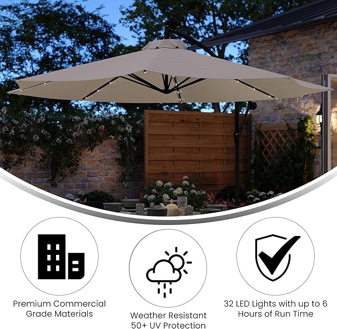 Flash Furniture Sedona Round Solar Cantilever Umbrella, Commercial Grade with Built in Cross Base, Crank and Tilt, 32 LED Lights, 6 Hour Run Time, 10 FT, Tan