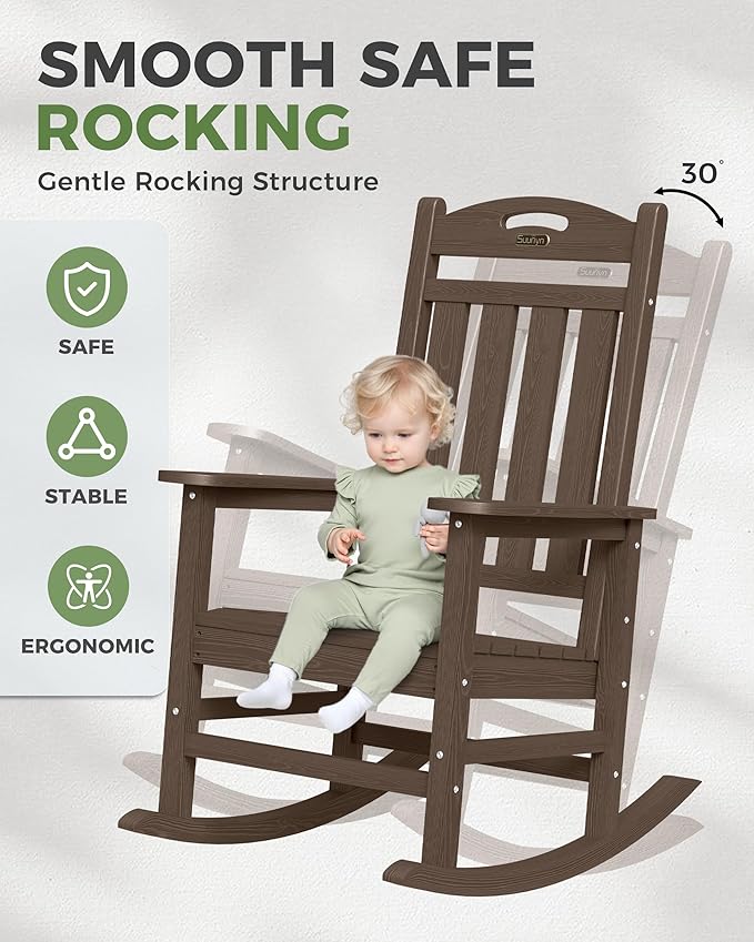 Oversized Outdoor Rocking Chair, HDPE All Weather Resistant Rocking Chairs for Patio, High Back Porch Rocker Chair, 380lbs Weight Capacity, Brown