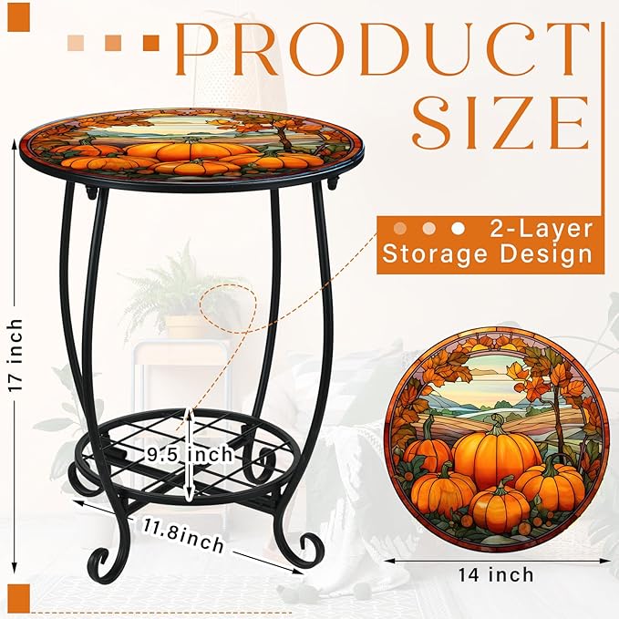 Outdoor Side Table Round Small Mosaic Patio Accent Indoor End Plant Coffee Tea Table for Yard Patio Porch Garden Living Room, Bedroom(Pumpkin Style,14 Inch)