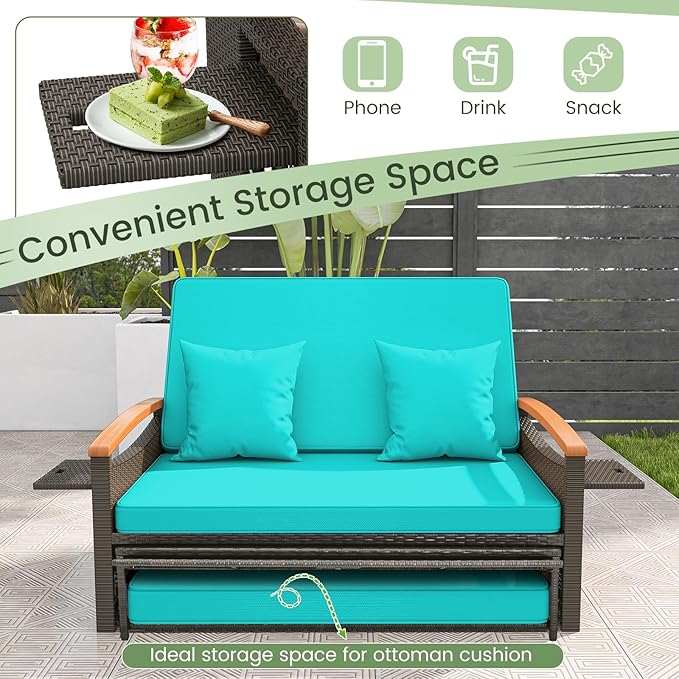 Tangkula Patio Rattan Daybed with 4-Level Adjustable Backrest, Outdoor Wicker Loveseat with Acacia Wood Armrest, Storage Ottoman & Folding Tray, Double Sunbed for Balcony, Yard & Poolside (Turquoise)