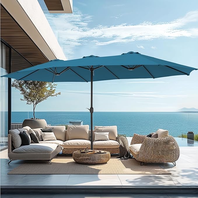 PHI VILLA 15ft Large Patio Umbrellas with Base Included, Outdoor Double-Sided Rectangle Market Umbrella with Crank Handle, for Poolside Lawn Garden, Cyan