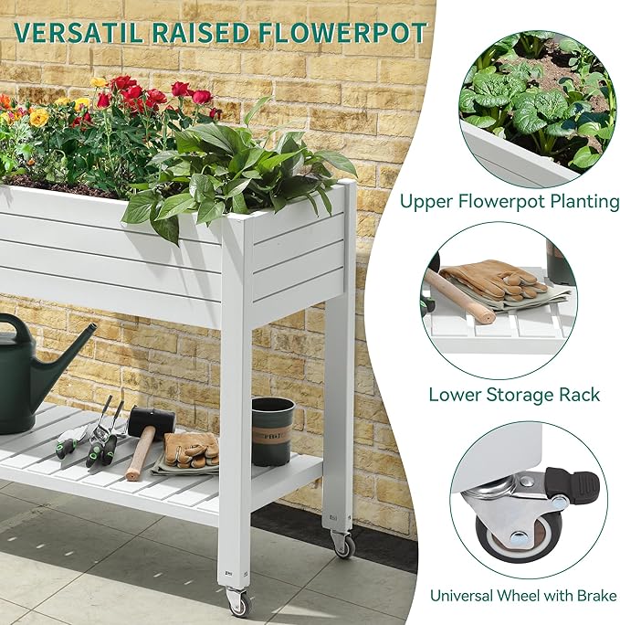 YITAHOME 43.3x17.7x34 in Elevated Garden Bed, Outdoor Plastic Planter Box with Wheels, Legs, Drain Plug, and Storage Shelf for Plants, Vegetables, Flowers, Herbs, Grayish-White