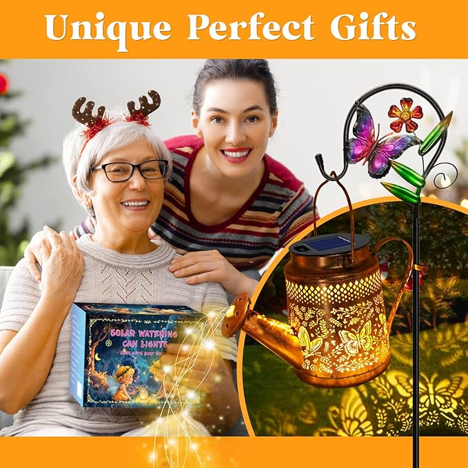 Solar Powered Butterfly Watering Can Lights Waterproof Outdoor Garden Decor with Shepherd Hook Hanging Patio Lights for Yard, Porch, Backyard Perfect Gardening & Christmas Gift for Women, Mom, Grandma