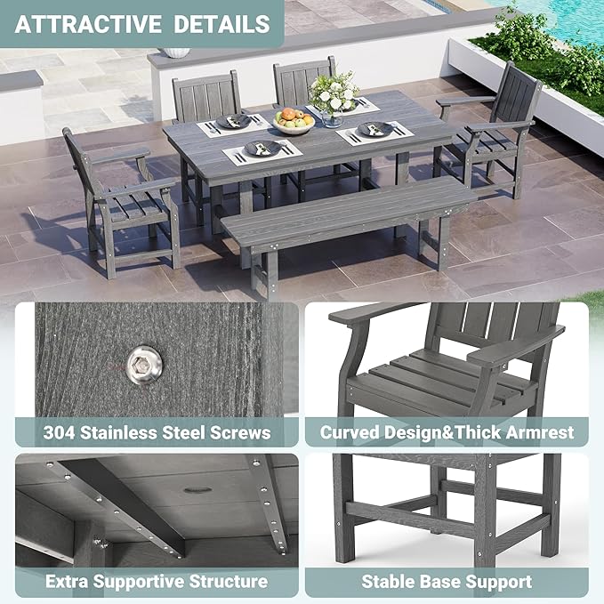 Pamapic 6 PCS Outdoor Dining Set, Spacious HDPE Outdoor Table with 4 Chairs and 1 Bench, Wood Grain Patio Furniture Sets with Elegant Armrest, All-Weather Patio Dining Table with Umbrella Hole, Gray