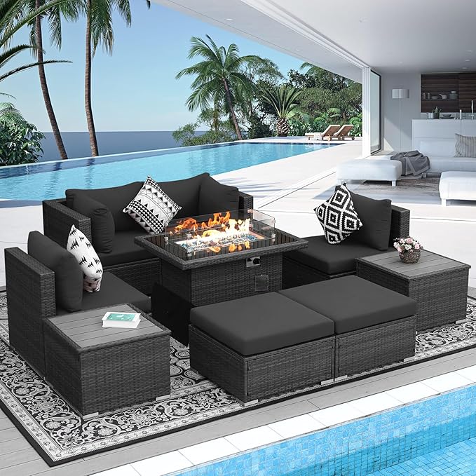 NICESOUL 9 Piece Outdoor Patio Garden Furniture Set with Fireplace Natural Gas/Propane, 29.3'' High Back Oversized Wicker Sectional Sofas, Deep Seating Couches for Outside Backyard Terrace, Gray