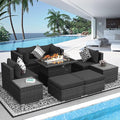 NICESOUL 9 Piece Outdoor Patio Garden Furniture Set with Fireplace Natural Gas/Propane, 29.3'' High Back Oversized Wicker Sectional Sofas, Deep Seating Couches for Outside Backyard Terrace, Gray