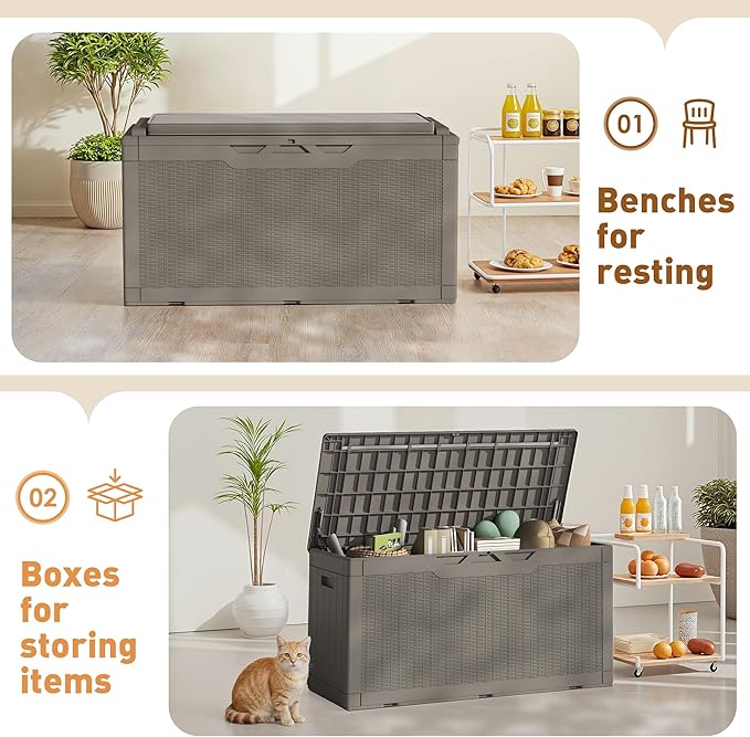 Greesum 100 Gallon Resin Deck Box Large Outdoor Storage Boxes with Cushions for Garden Tools, Patio Furniture Pillows, Pool Supplies, Light Coffee
