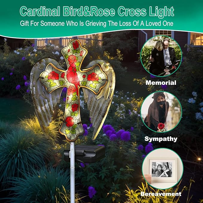 YJFWAL Cardinal Bird&Rose Cross Garden Stake Light, Solar Glass Cross for Cemetery Grave, Easter Cross Angel Wings Sympathy Memorial Gifts, Garden Lawn Yard Patio Decor