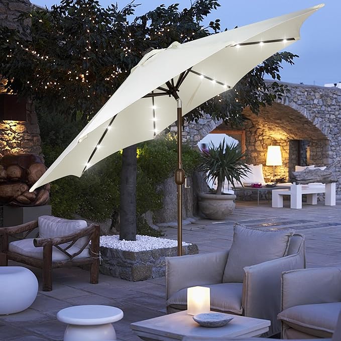 Blissun 9 ft Solar Umbrella, 32 LED Lighted Patio Umbrella, Table Market Umbrella, Outdoor Umbrella for Garden, Deck, Backyard, Pool and Beach (Creamy White)