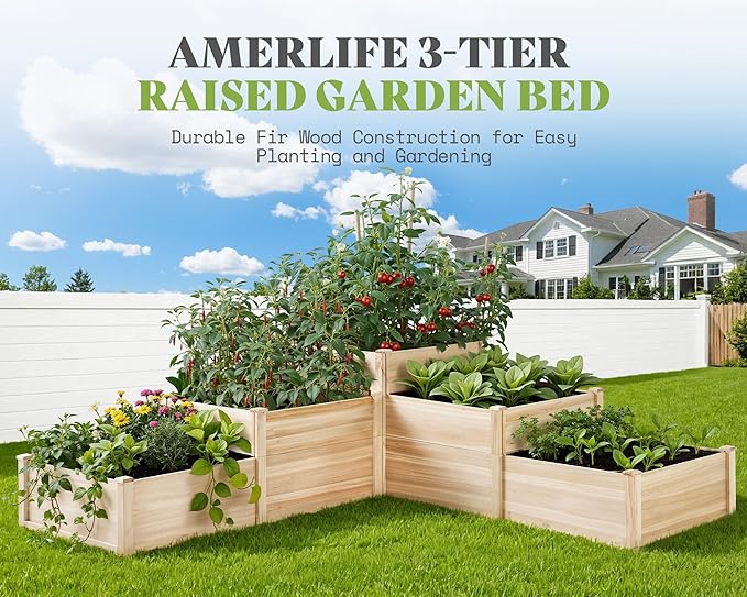AMERLIFE 3-Tier Raised Garden Bed, 28 Inch Depth Fir Wood Planter Box for Outdoor Gardening with Dividers, Tool-Free Assembly, Garden Box, Ideal for Vegetables, Herbs, Flowers