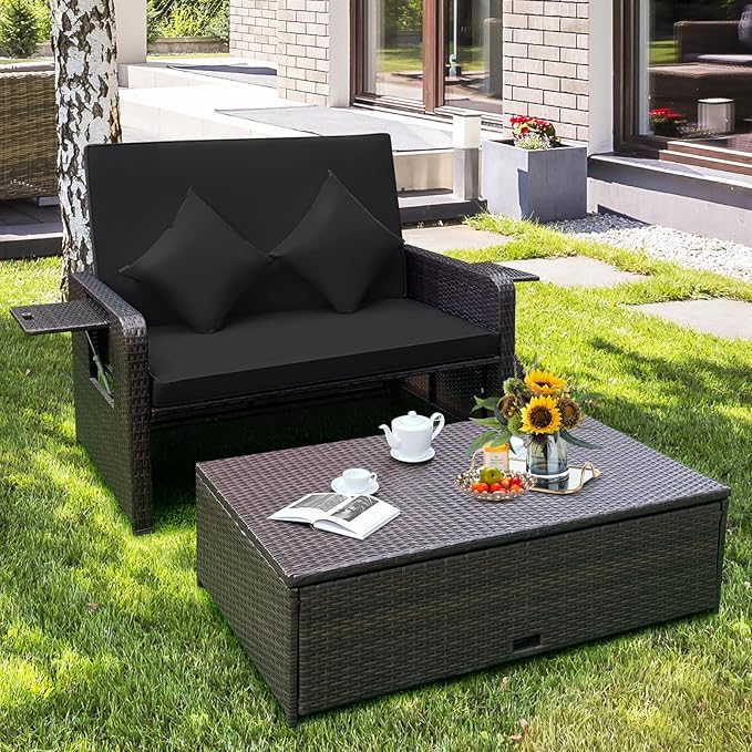 Tangkula Patio Rattan Daybed with 4-Level Adjustable Backrest, Outdoor PE Wicker Loveseat with Storage Ottoman & Folding Side Tray, Double Sunbed Lounger for Balcony, Backyard & Poolside, Black